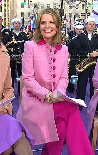 Savannah’s pink scalloped contrast coat on Today