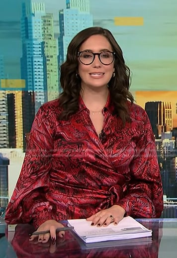 Savannah Sellers’s red printed satin wrap dress on NBC News Daily