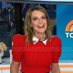 Savannah’s red puff sleeve sweater and heart print skirt on Today