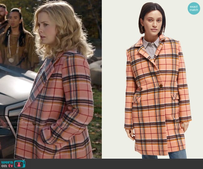 Scotch & Soda Tailored single-breasted wool-blended coat in Winter Peach Check worn by Sam (Rose McIver) on Ghosts