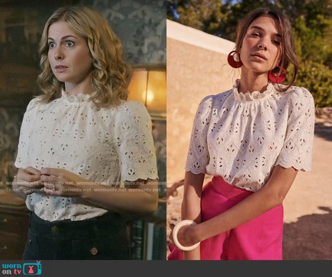 Sezane Louisah Blouse in Ecru worn by Sam (Rose McIver) on Ghosts