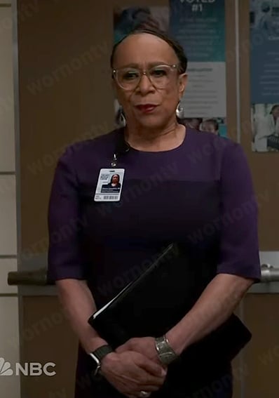 Sharon’s purple sheath dress on Chicago Med