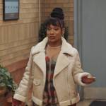 Amber’s white leather shearling trim jacket on Abbott Elementary