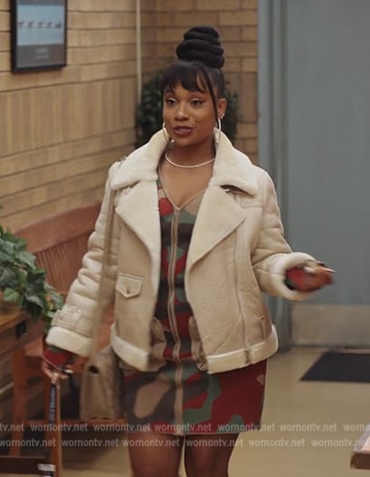 Amber’s white leather shearling trim jacket on Abbott Elementary