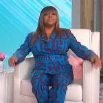 Sherri’s blue geometric print blazer and pants on Sherri