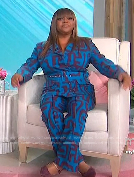Sherri’s blue geometric print blazer and pants on Sherri