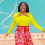 Sherri’s red printed skirt and cutout top on Sherri