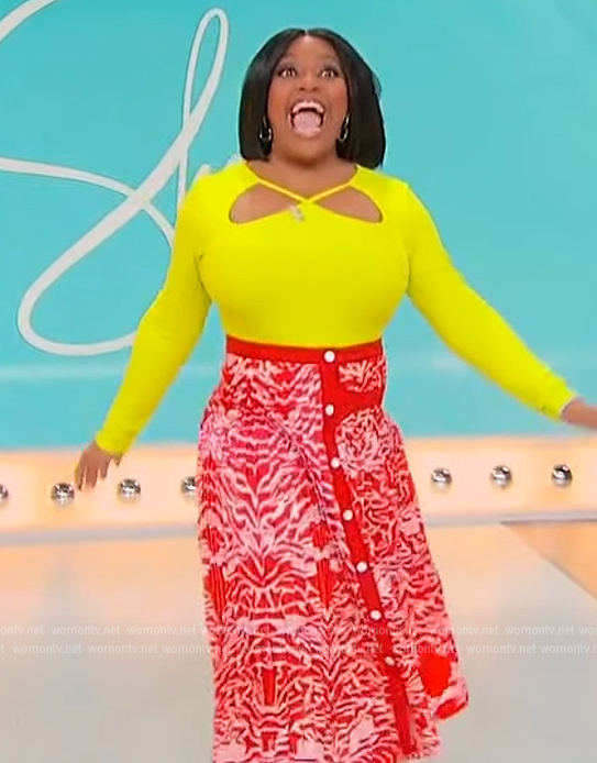 Sherri’s red printed skirt and cutout top on Sherri