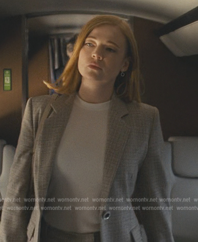 Shiv’s gray plaid blazer on Succession