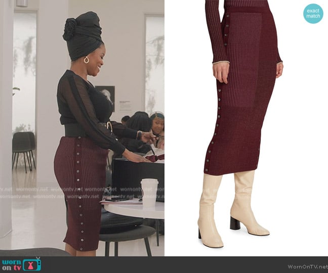 Simkhai Ashton Patchwork Plaited Rib-Knit Skirt worn by Amara Patterson (Kelly Jenrette) on All American Homecoming