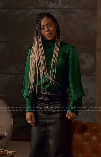 Simone’s green satin blouse on Ginny & Georgia