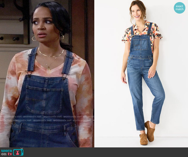 Sonoma Goods For Life Cropped Jean Overalls in Medium Wash worn by Randi (Kyla Pratt) on Call Me Kat