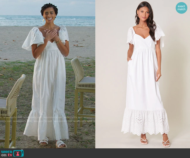 Sugarlips Wild Heart Eyelet Detail Poplin Maxi Dress worn by Ruby Akuda (Kiara Barnes) on Fantasy Island