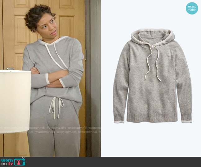 Summersalt The Coziest Cashmere Blend Hoodie in Wolf & White Sand worn by Elena Dawson (Brytni Sarpy) on The Young and the Restless
