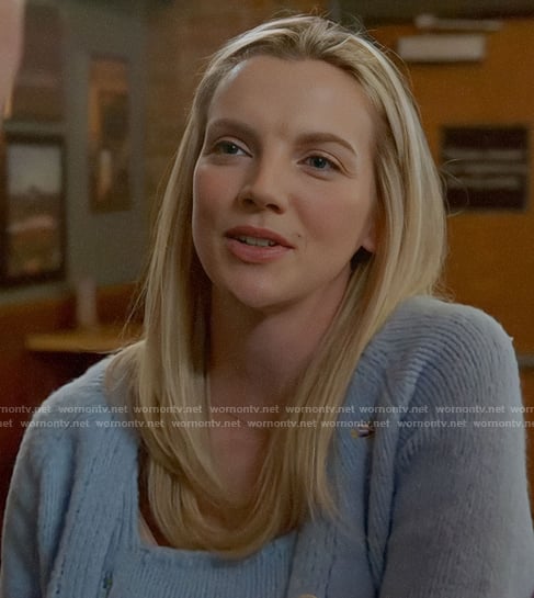 Sylvie’s blue embroidered knit top and cardigan set on Chicago Fire