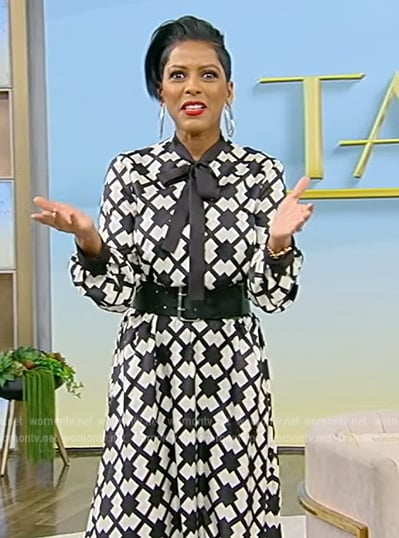 Tamron’s printed tie neck dress on Tamron Hall Show