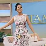Tamron’s white floral sleeveless dress on Tamron Hall Show