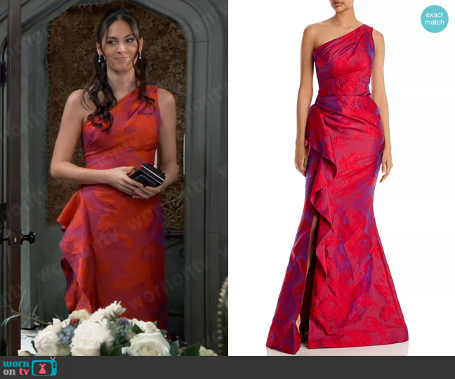 Teri Jon by Rickie Freeman One Shoulder Jacquard Gown worn by Terry Randolph (Cassandra James) on General Hospital