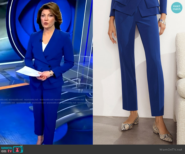 The Fold Clever Crepe Claremont Trousers in Cobalt Blue worn by Norah O'Donnell on CBS Evening News