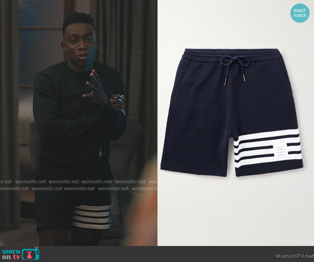 Thom Browne Straight-Leg Striped Ribbed Cotton-Jersey Drawstring Shorts worn by Carlton Banks (Olly Sholotan) on Bel-Air