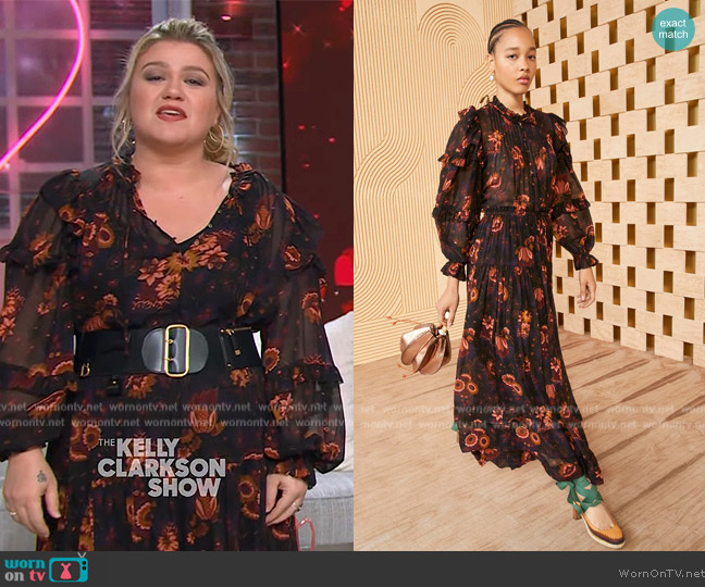 Ulla Johnson Miray Floral Ruffled Silk Blouse worn by Kelly Clarkson on The Kelly Clarkson Show