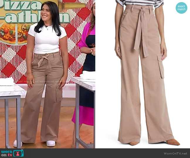 Veronica Beard Belisa Tie Belt Wide Leg Cargo Pants in Mushroom worn by Katie Stilo on Today