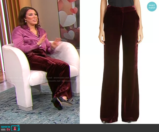 Veronica Beard Lebone Velvet Trousers in Merlot worn by Sarah Gelman on CBS Mornings