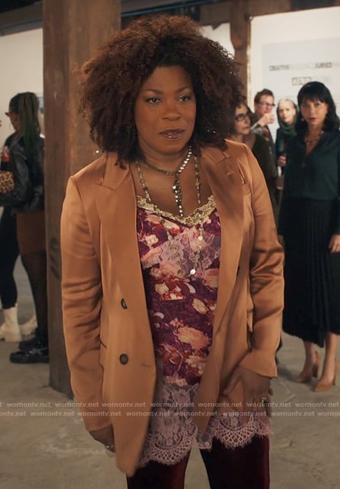 Vi’s purple floral slip dress and satin blazer on The Equalizer