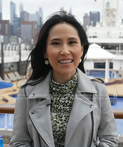 Vicky’s floral top and grey moto jacket on Today