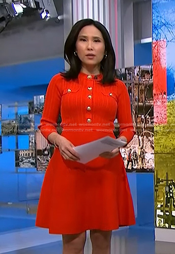 Vicky’s red ribbed knit dress with gold buttons on NBC News Daily