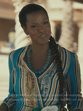 Viv’s blue paisley print tie waist blouse on Bel-Air