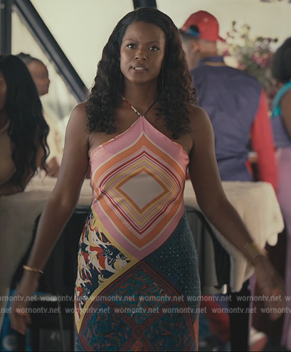 Viv’s printed satin halter dress on Bel-Air