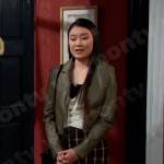 Wendy’s green cropped blazer and brown checked skirt on Days of our Lives