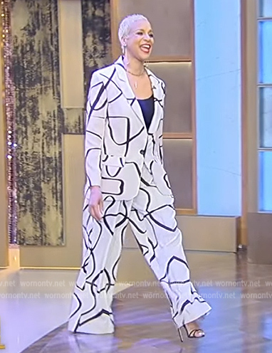 Brandice Daniel’s white scribble print blazer and pants on Tamron Hall Show
