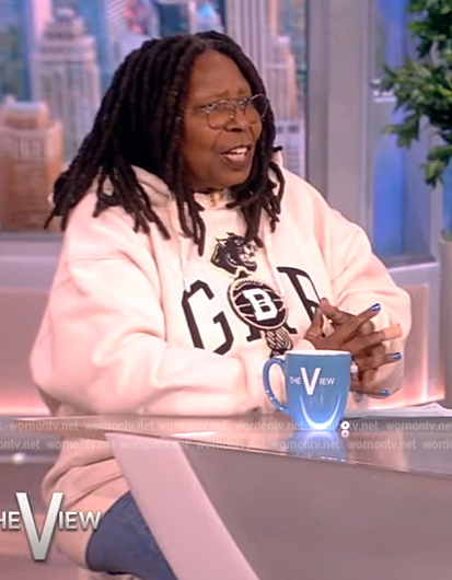 Whoopi’s white logo hoodie on The View