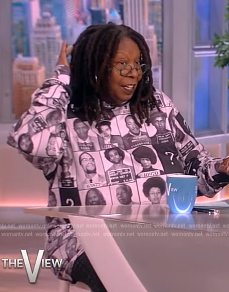 Whoopi’s mugshot print hoodie on The View