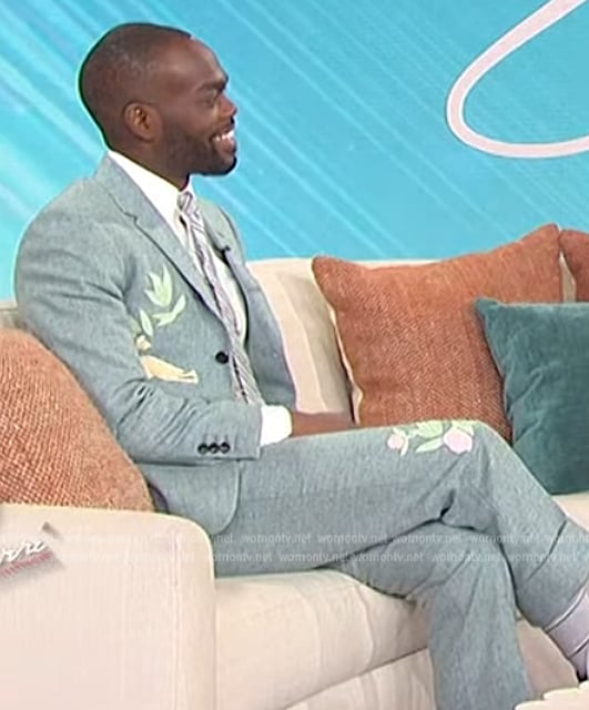 William Jackson Harper’s green floral embroidered blazer and pants on Sherri
