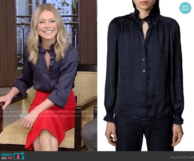 Zadig and Voltaire Tacca Satin Ruffle Button-Up Blouse worn by Kelly Ripa on Live with Kelly and Mark
