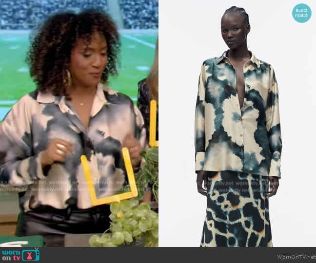 Zara Satin Effect Tie Dye Shirt worn by Dayna Isom Johnson on Live with Kelly and Mark
