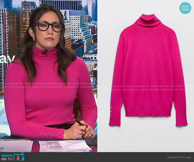 Zara Basic Turtleneck Knit Sweater in Light Fuchsia worn by Savannah Sellers on NBC News Daily