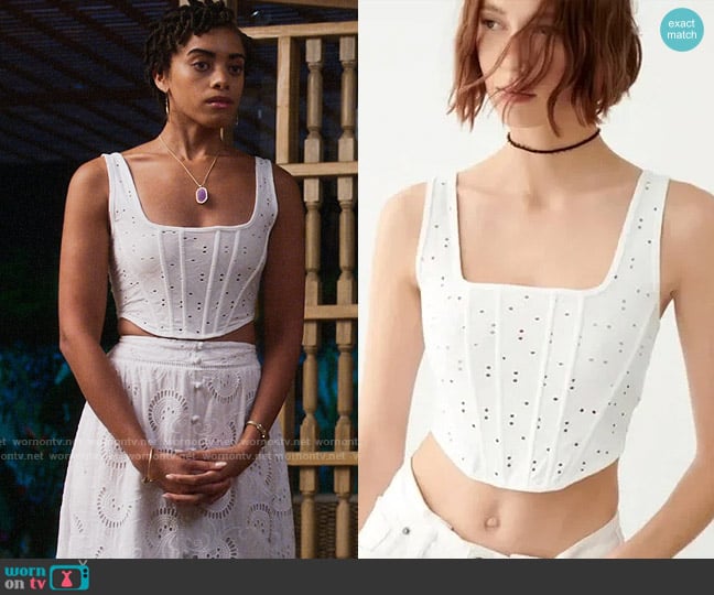 Zara Corset Eyelet Top worn by Ruby Akuda (Kiara Barnes) on Fantasy Island