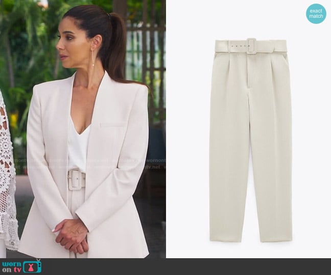 Zara High Waisted Belted Pants in Ecru worn by Elena Roarke (Roselyn Sanchez) on Fantasy Island