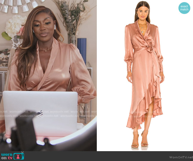 Zimmermann Silk Wrap Midi Dress worn by Wendy Osefo on The Real Housewives of Potomac