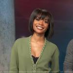 Zuri’s green braided trim cardigan on Access Hollywood
