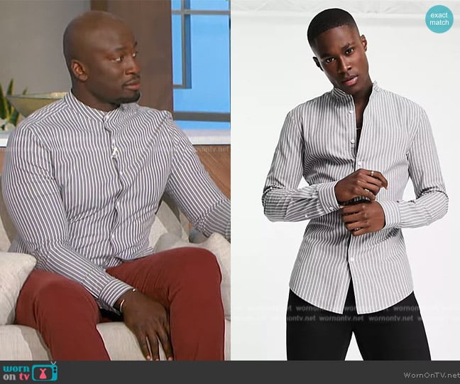 ASOS Skinny Stripe Shirt with grandad collar in gray worn by Akbar Gbajabiamila on The Talk