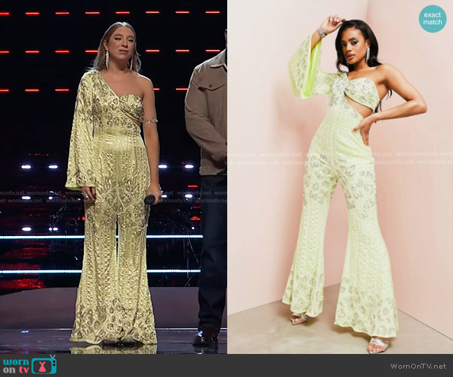 Asos Luxe Embellished Fluted Sleeve Flared Jumpsuit in lime worn by Alyssa Lazar on The Voice