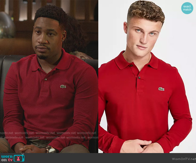 Lacoste Long sleeve polo shirt in burgundy worn by Anthony Holmes (Aaron Jennings) on Grand Crew