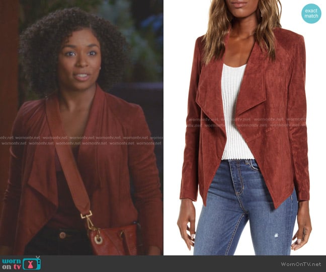 BB Dakota Wade Drape Front Faux Suede Jacket in Cherry Wood worn by Simone Griffith (Alexis Floyd) on Greys Anatomy