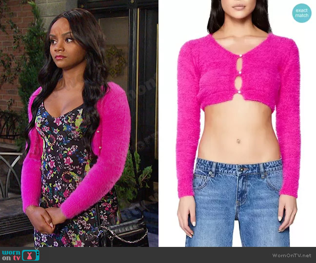 Bardot Adeline Fluffy Knit Crop Cardigan worn by Chanel Dupree (Raven Bowens) on Days of our Lives