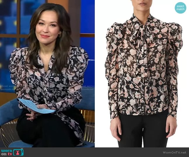 Bardot Amielie Floral Puff Sleeve Tie Neck Blouse worn by Eva Pilgrim on Good Morning America